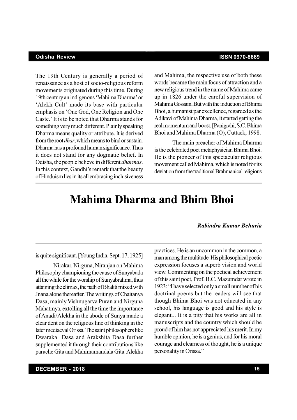 Mahima Dharma and Bhima Bhoi