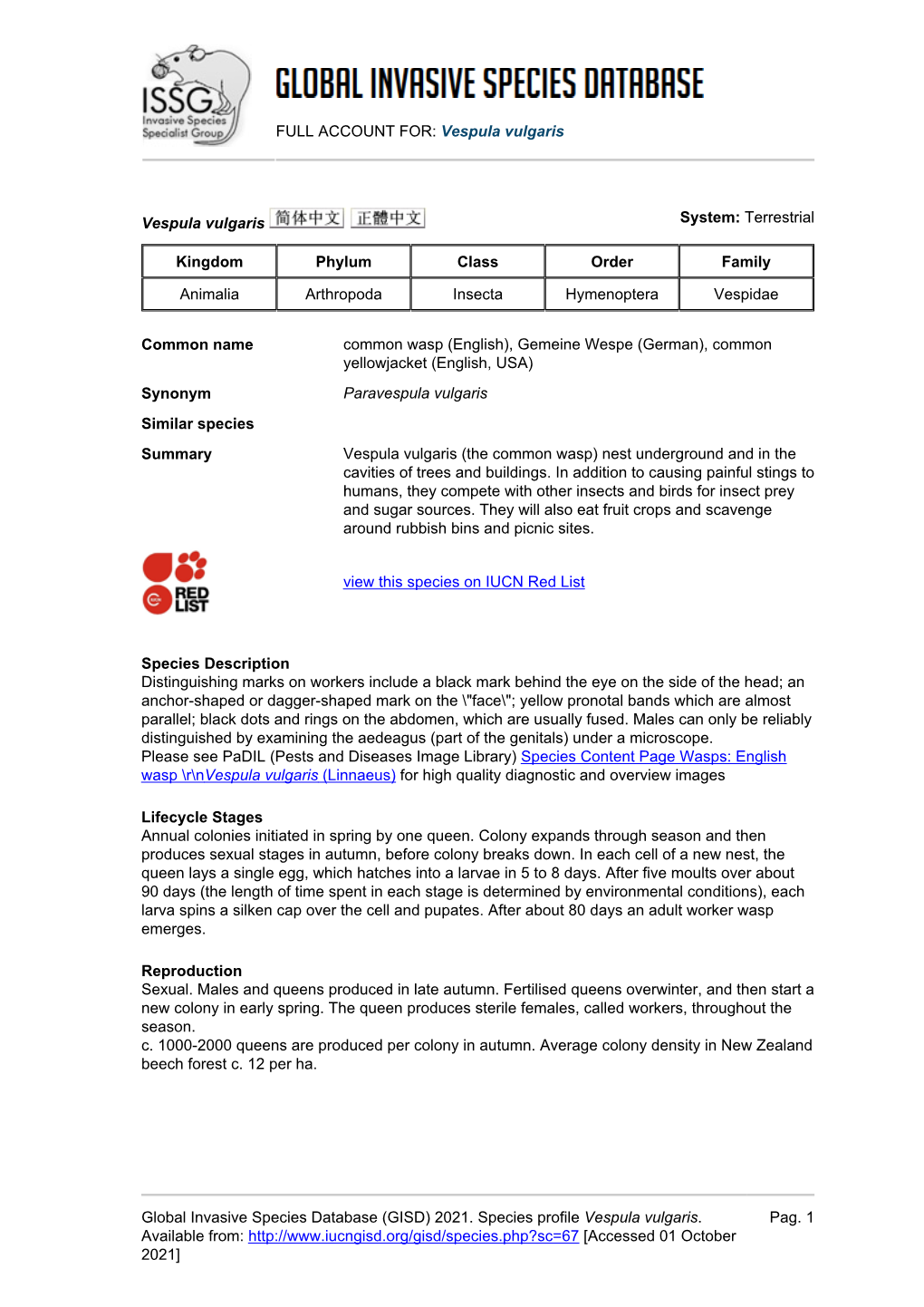FULL ACCOUNT FOR: Vespula Vulgaris Global Invasive Species Database (GISD) 2021. Species Profile Vespula Vulgaris. Available