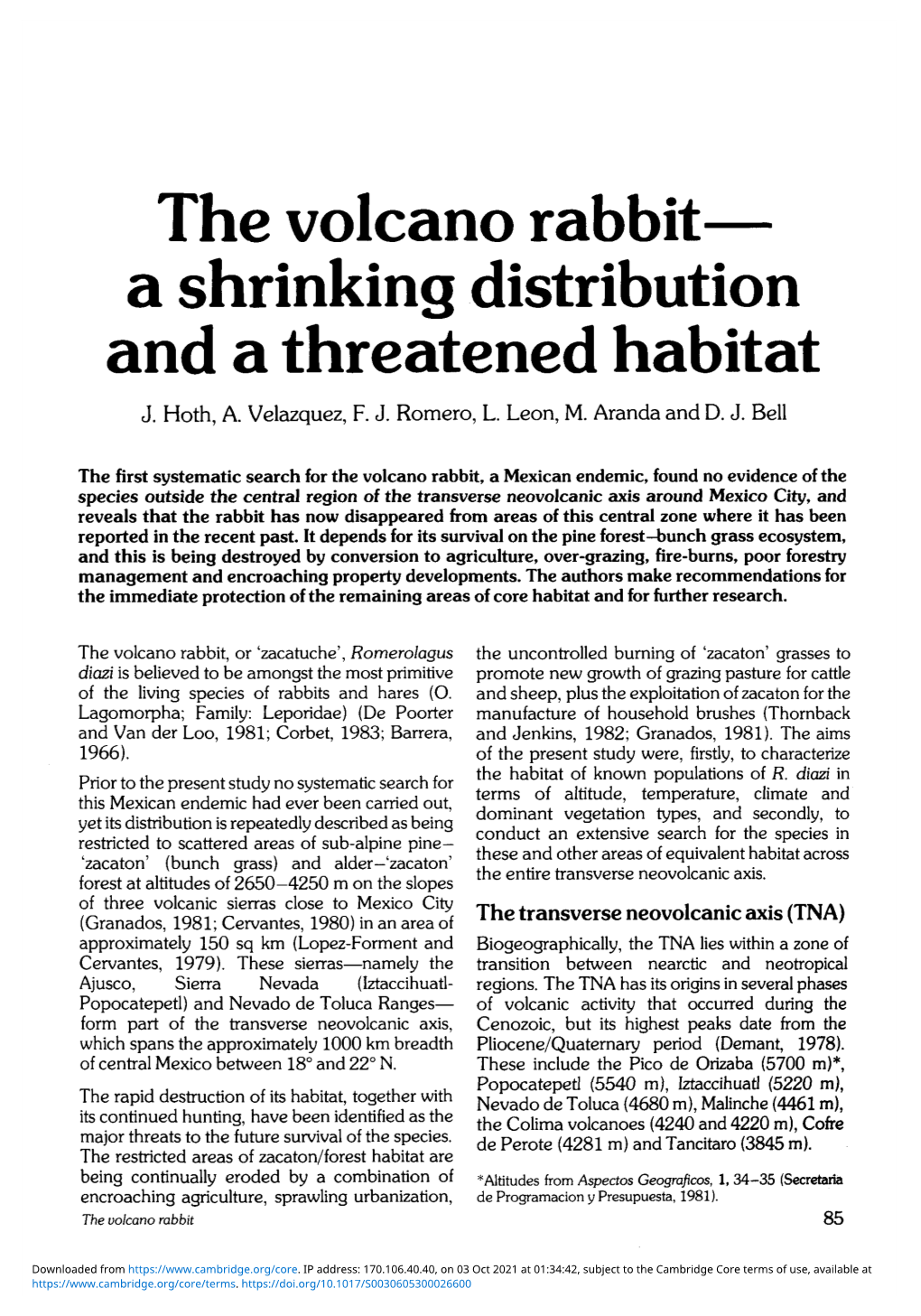 The Volcano Rabbit—A Shrinking Distribution and a Threatened Habitat