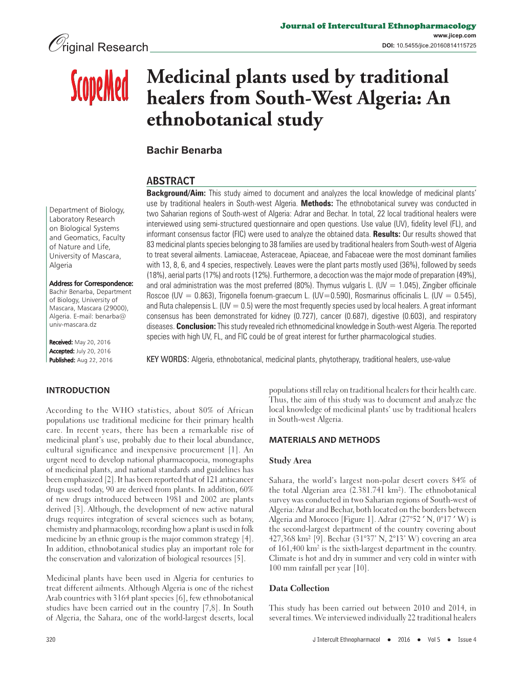 Medicinal Plants Used by Traditional Healers from South-West Algeria: an Ethnobotanical Study