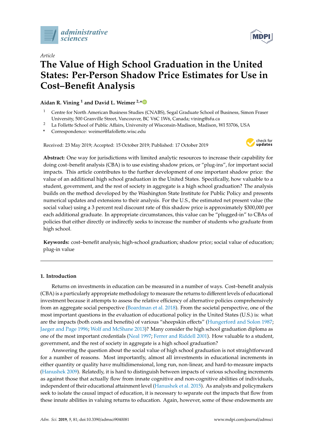 The Value of High School Graduation in the United States: Per-Person Shadow Price Estimates for Use in Cost–Beneﬁt Analysis