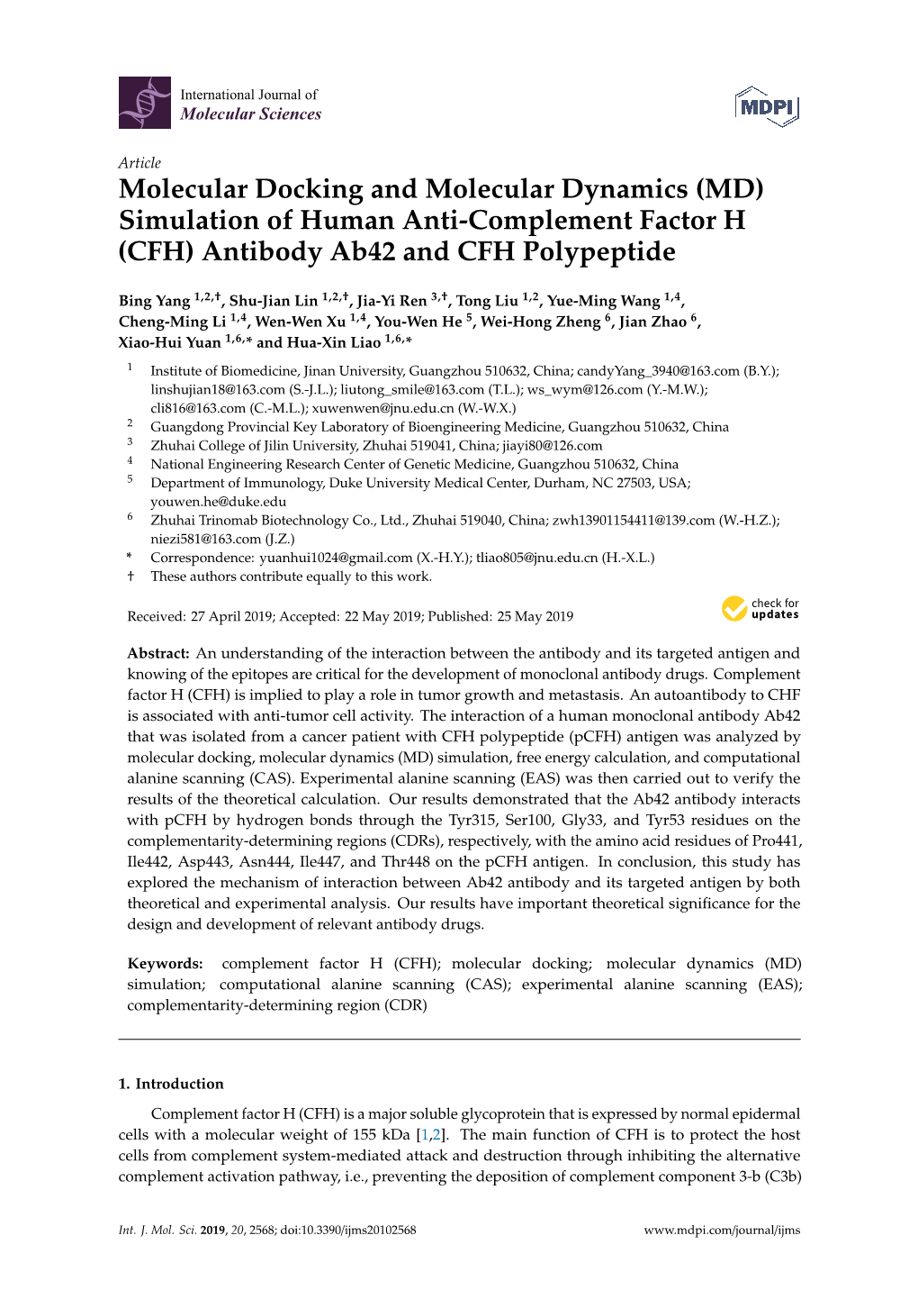 Molecular Docking and Molecular Dynamics (MD) Simulation of Human Anti-Complement Factor H (CFH) Antibody Ab42 and CFH Polypeptide