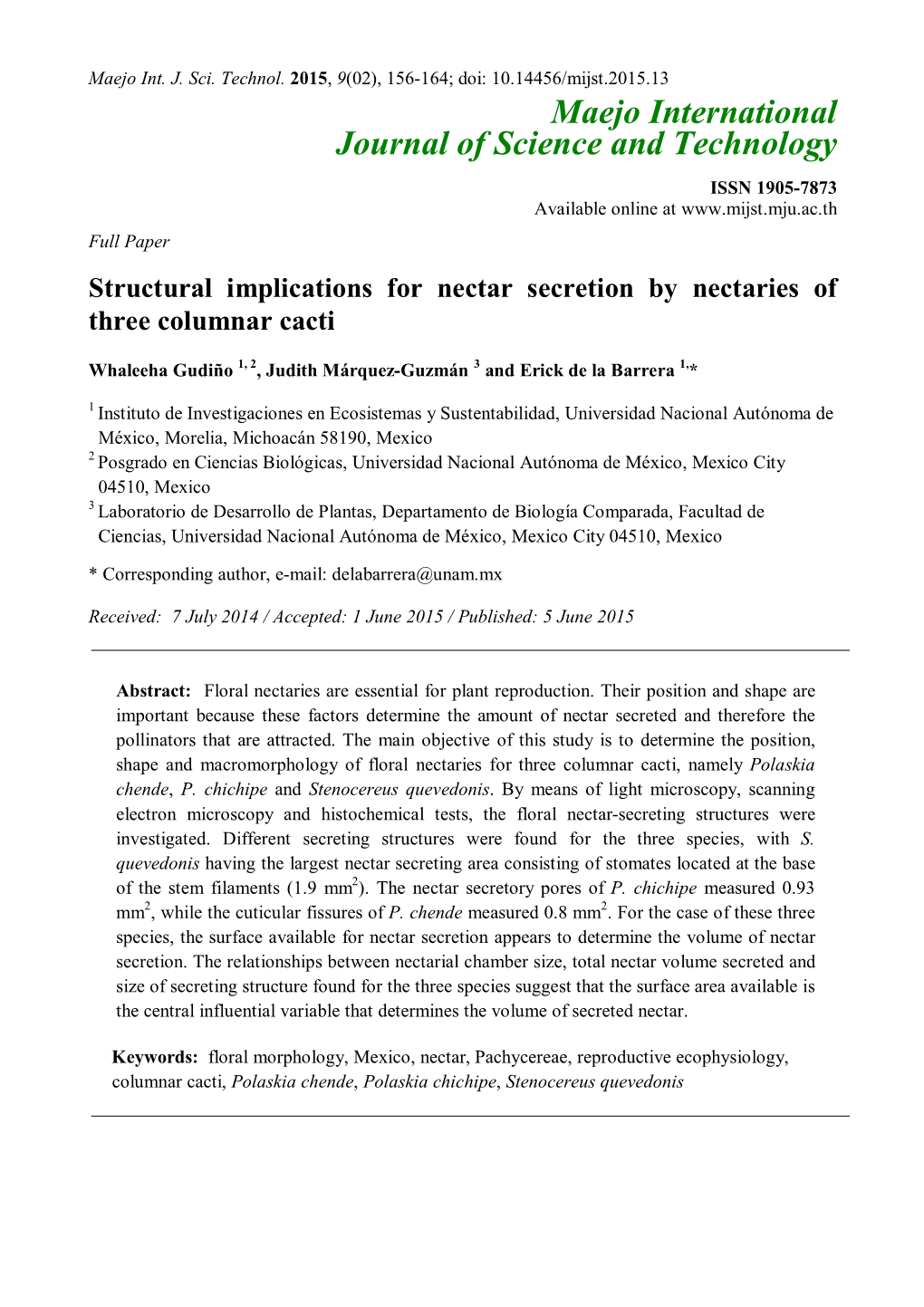 Structural Implications for Nectar Secretion by Nectaries of Three Columnar Cacti