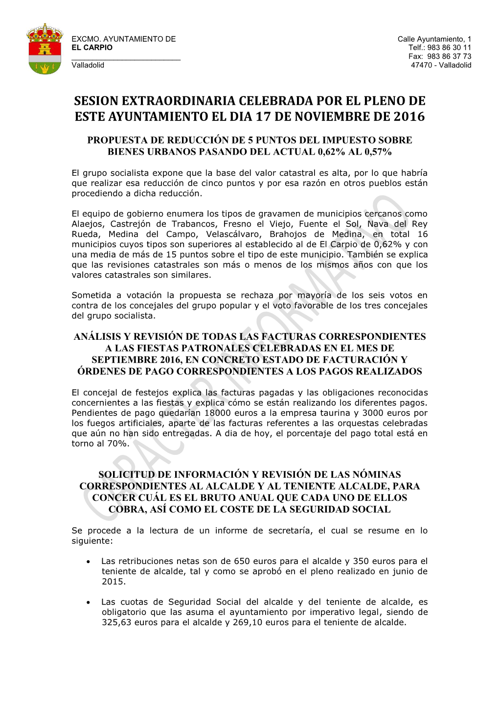 Sesion Extraordinaria Celebrada Por El Pleno De Este Ayuntamiento El Dia 17 De Noviembre De 2016