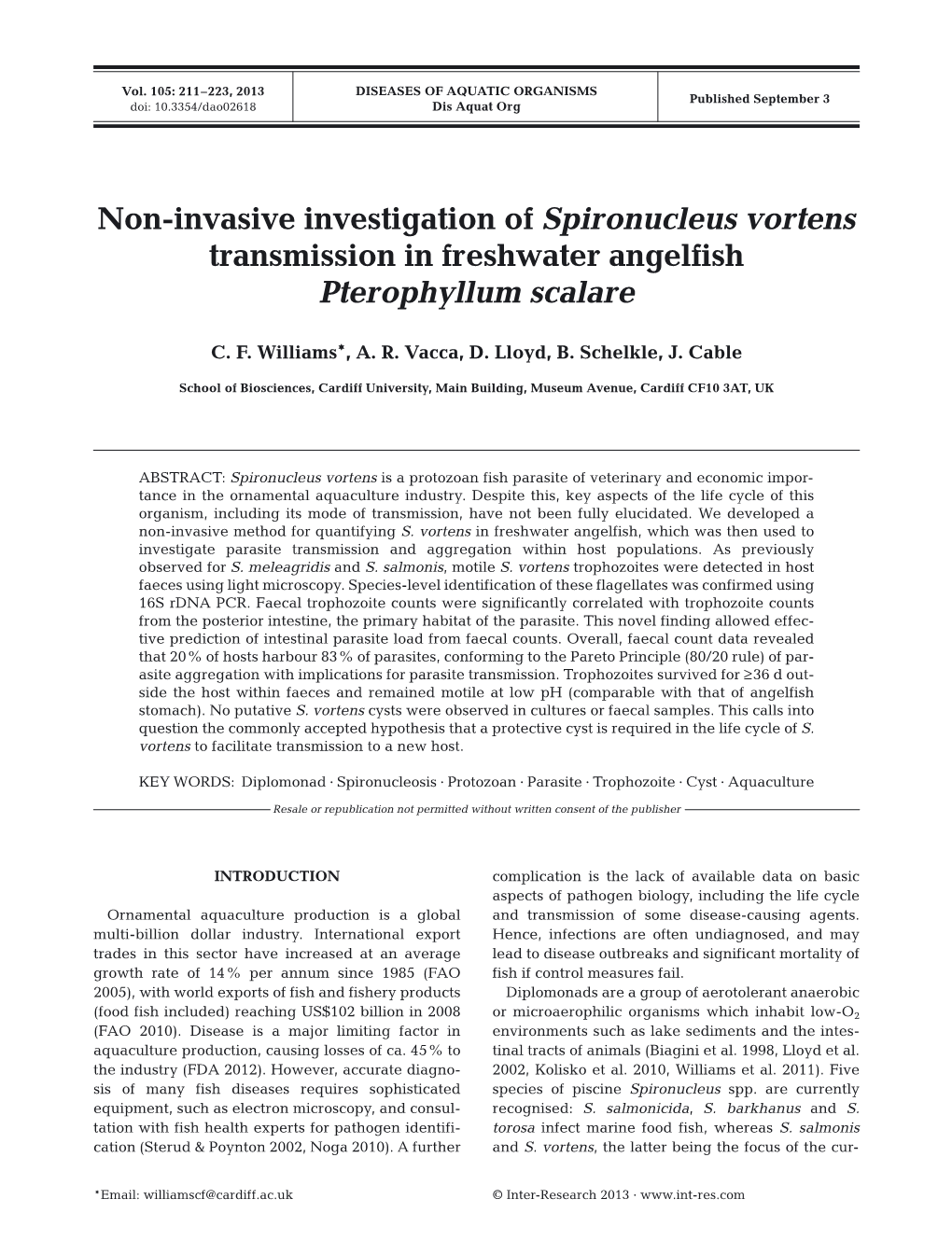 Non-Invasive Investigation of Spironucleus Vortens Transmission in Freshwater Angelfish Pterophyllum Scalare