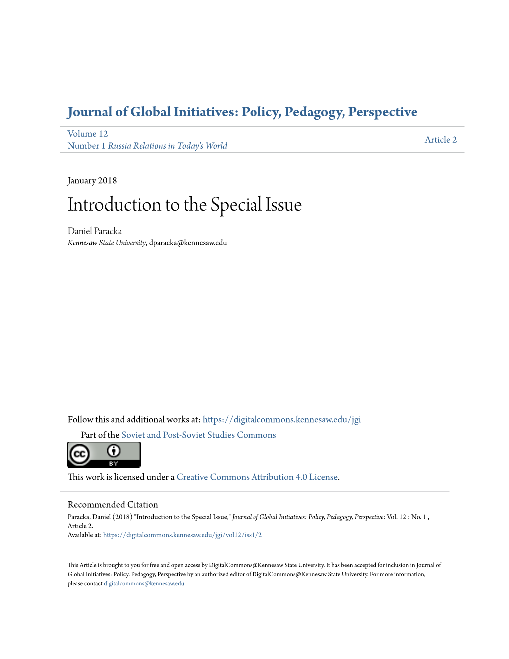 Introduction to the Special Issue Daniel Paracka Kennesaw State University, Dparacka@Kennesaw.Edu