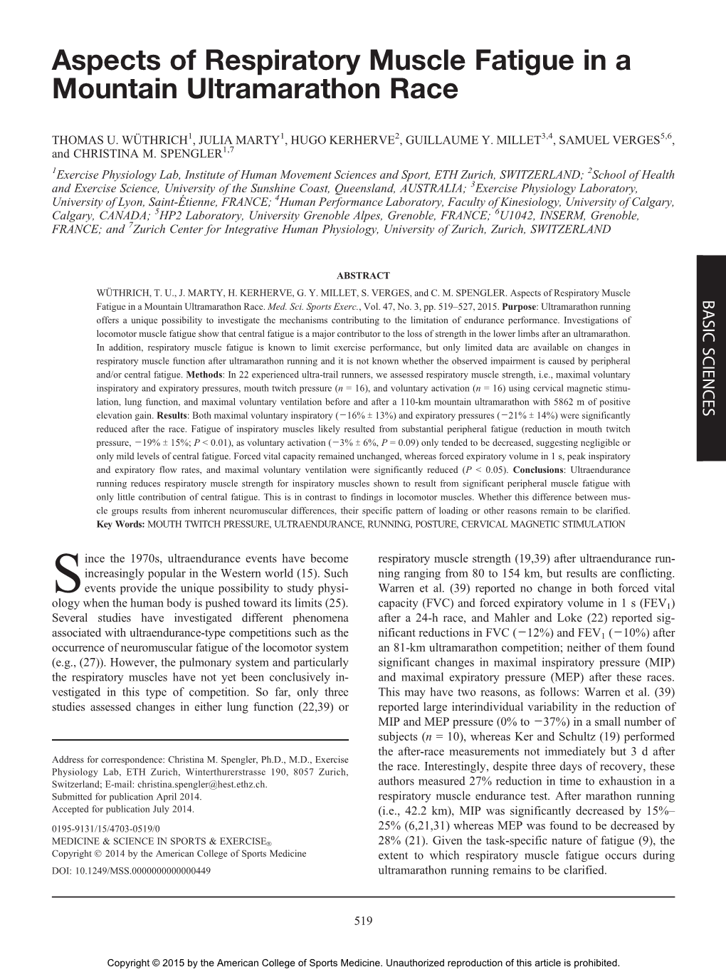 Aspects of Respiratory Muscle Fatigue in a Mountain Ultramarathon Race