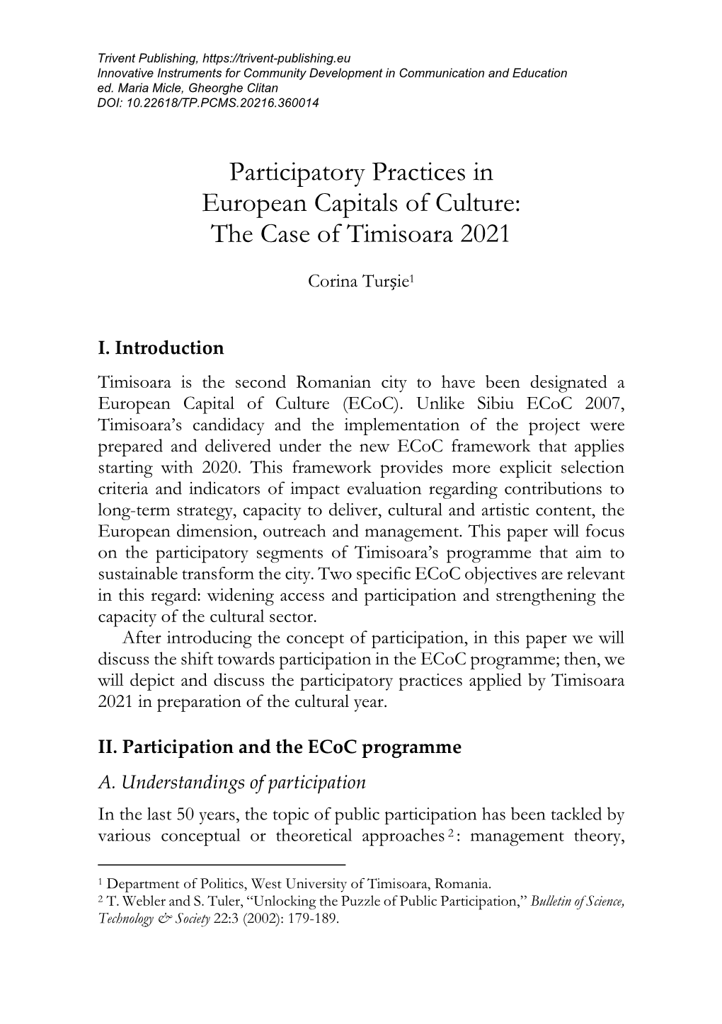Participatory Practices in European Capitals of Culture: the Case of Timisoara 2021