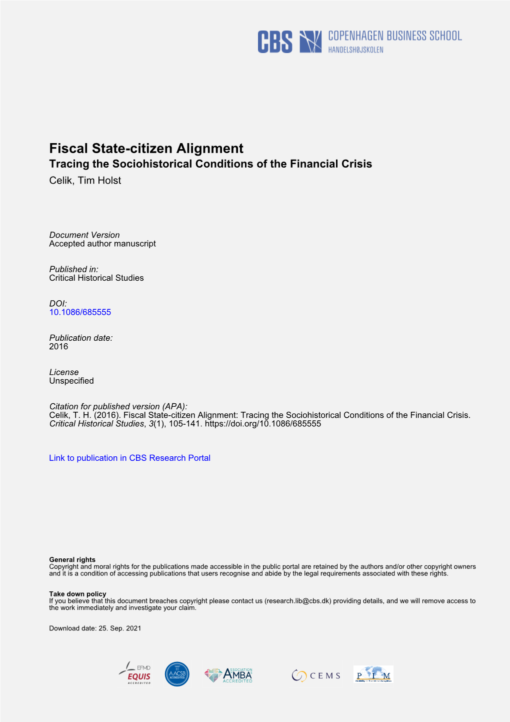 Fiscal State-Citizen Alignment Tracing the Sociohistorical Conditions of the Financial Crisis Celik, Tim Holst