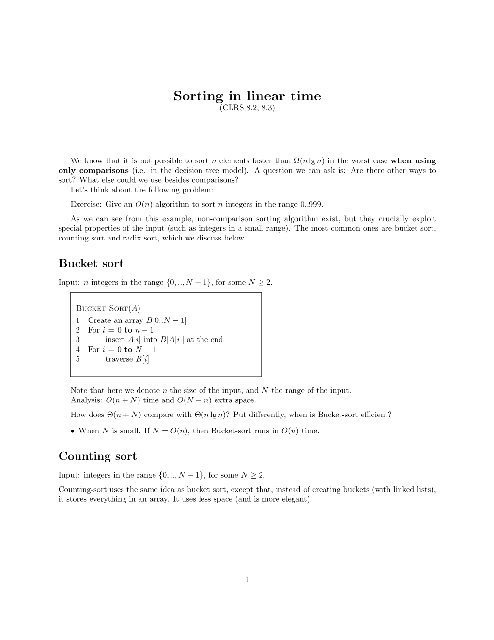 Sorting in Linear Time (CLRS 8.2, 8.3)