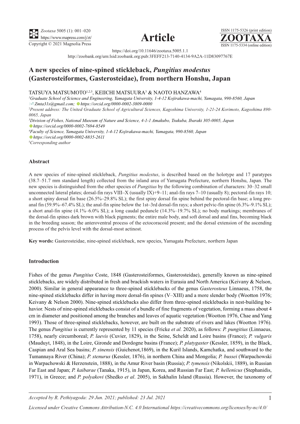 A New Species of Nine-Spined Stickleback, Pungitius Modestus (Gasterosteiformes, Gasterosteidae), from Northern Honshu, Japan