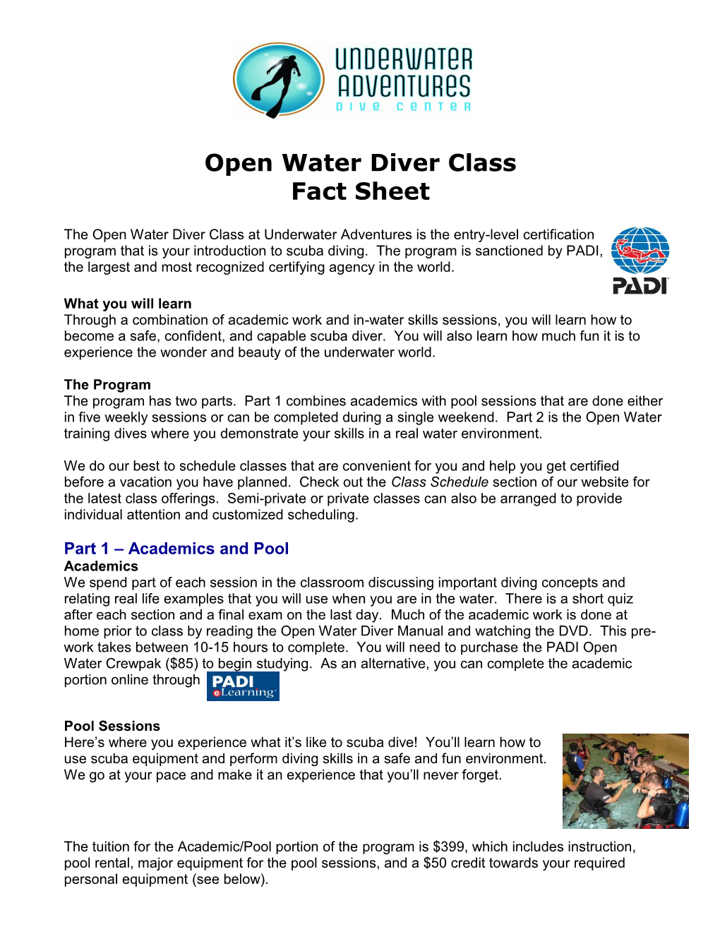 Open Water Diver Class Fact Sheet