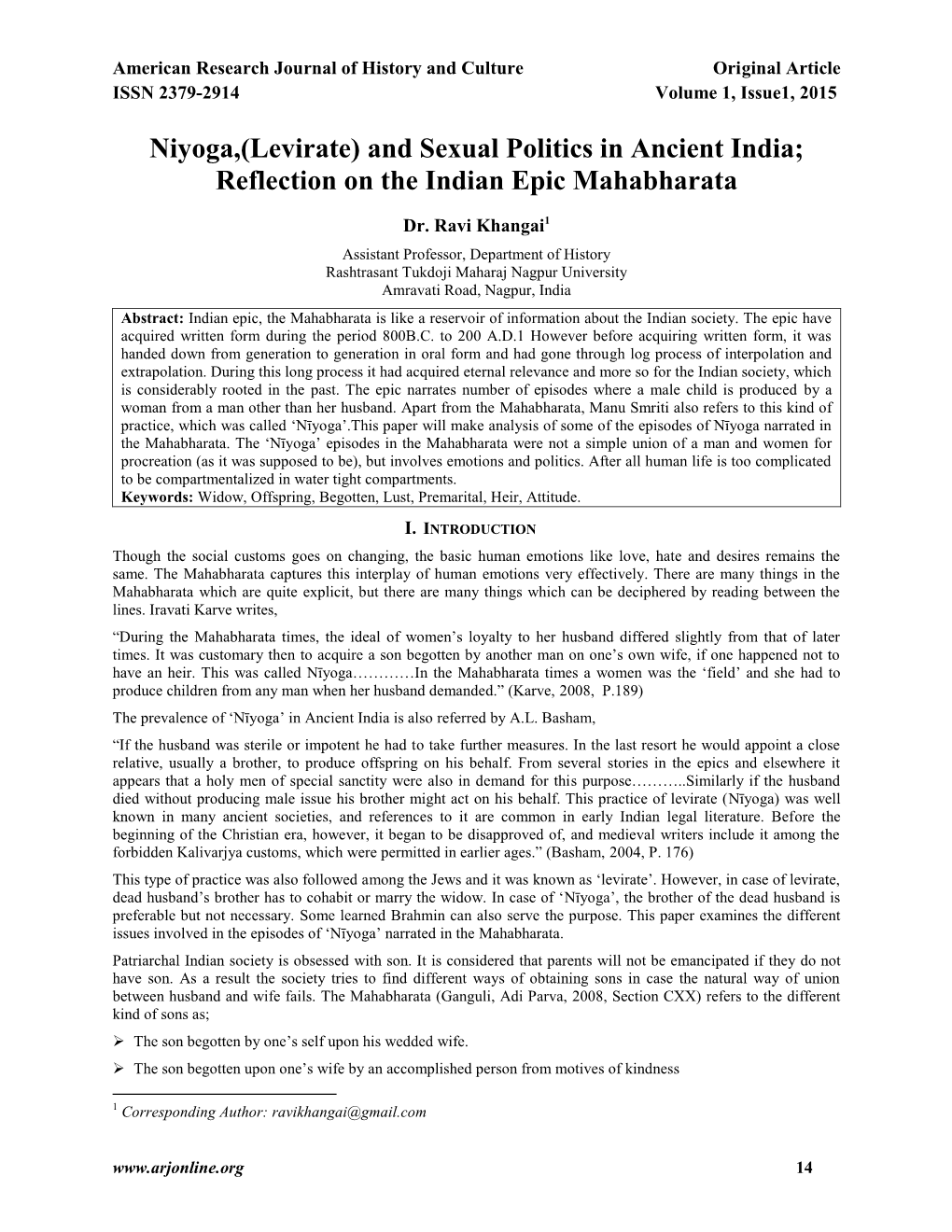 Niyoga,(Levirate) and Sexual Politics in Ancient India; Reflection on the Indian Epic Mahabharata