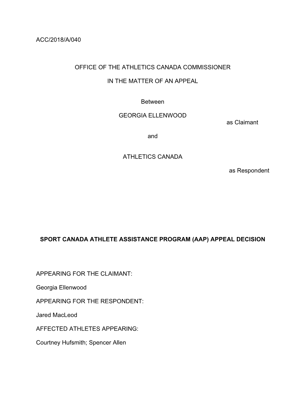 Acc/2018/A/040 Office of the Athletics Canada
