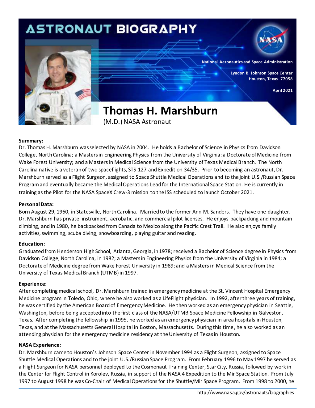 Thomas H. Marshburn (M.D.) NASA Astronaut