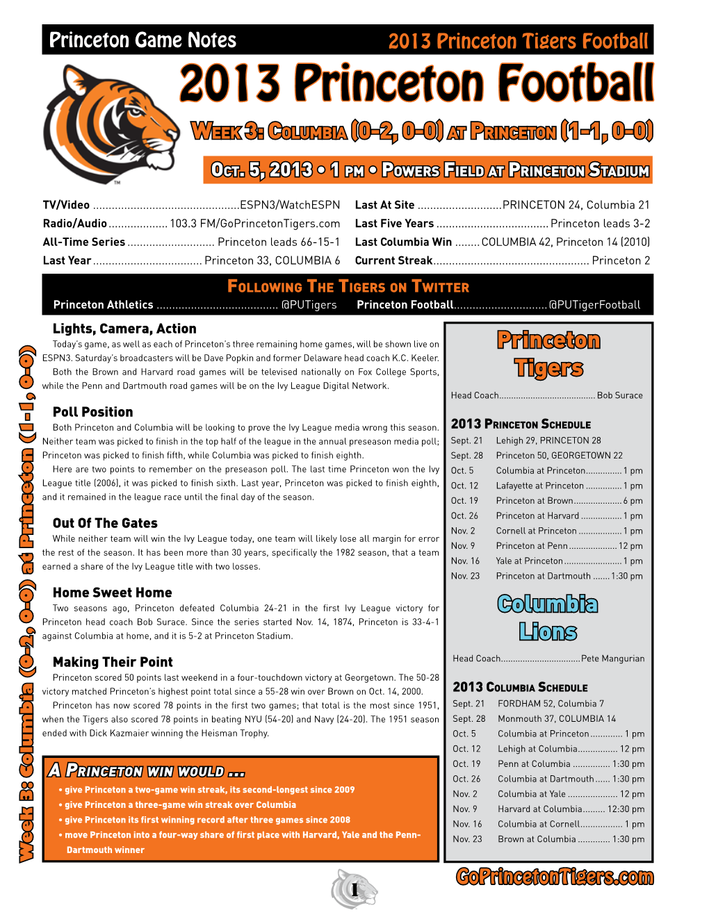 2013 Princeton Football Week 3: Columbia (0-2, 0-0) at Princeton (1-1, 0-0)