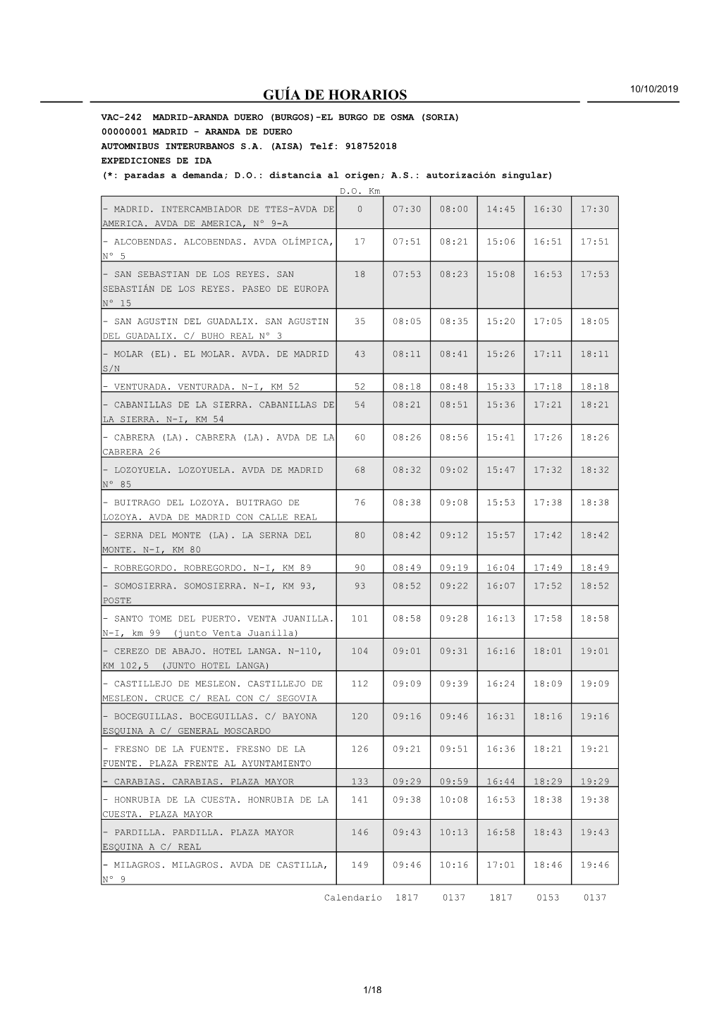 Guía De Horarios 10/10/2019 Vac-242 Madrid-Aranda Duero (Burgos)-El Burgo De Osma (Soria) 00000001 Madrid - Aranda De Duero Automnibus Interurbanos S.A