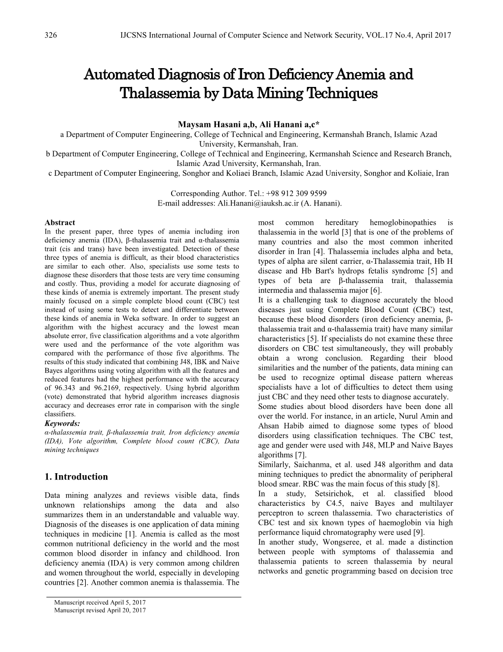 Automated Diagnosis of Iron Deficiency Anemia and Thalassemia by Data Mining Techniques