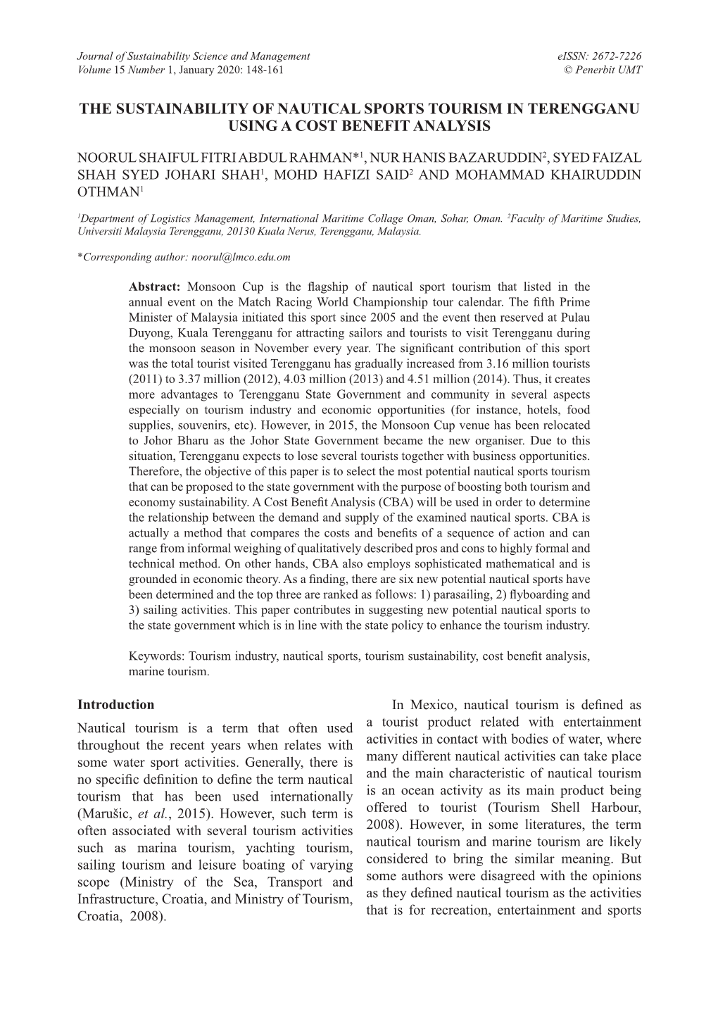 The Sustainability of Nautical Sports Tourism in Terengganu Using a Cost Benefit Analysis