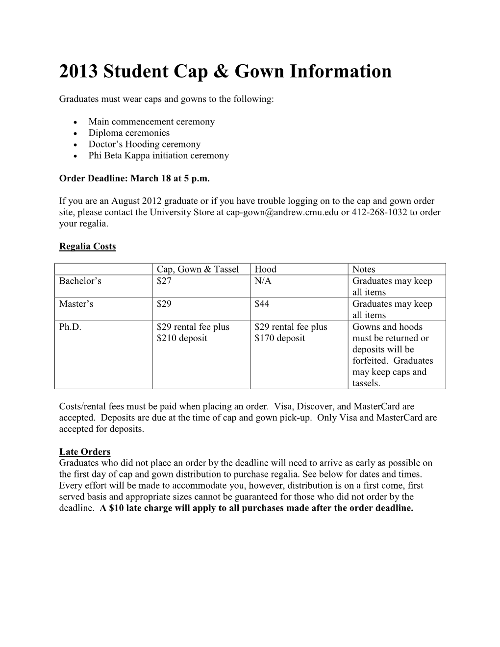 2013 Student Cap & Gown Information
