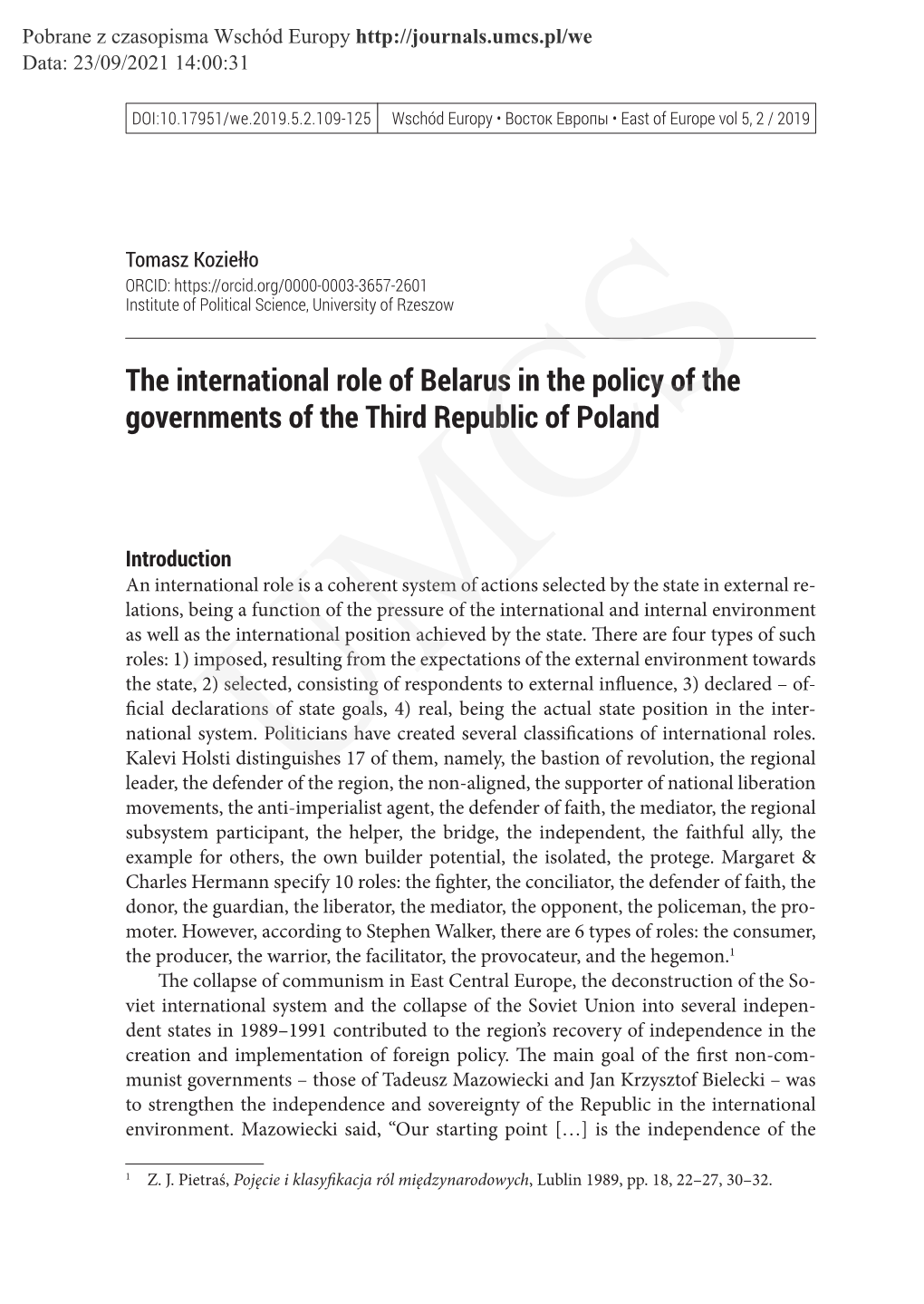 The International Role of Belarus in the Policy of the Governments of the Third Republic of Poland