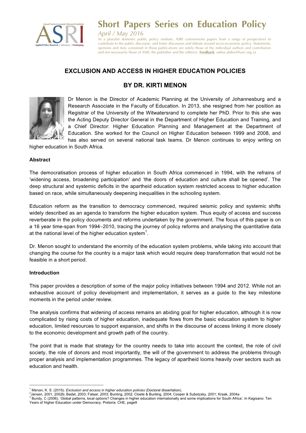 Short Papers Series on Education Policy