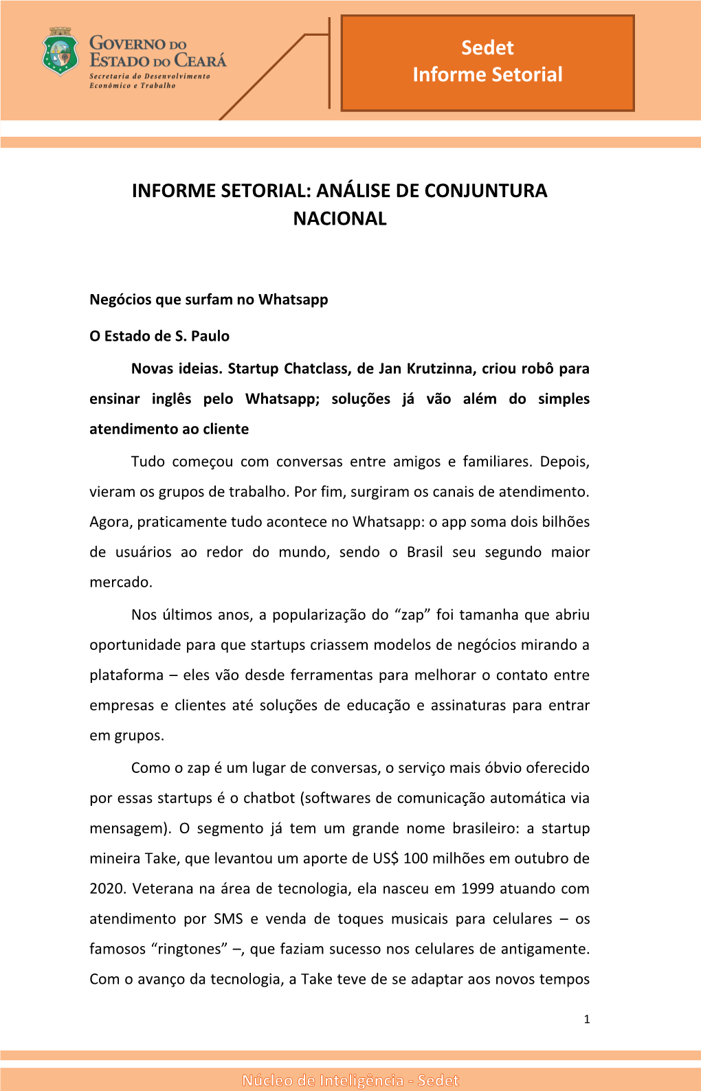 Informe Setorial: Análise De Conjuntura Nacional