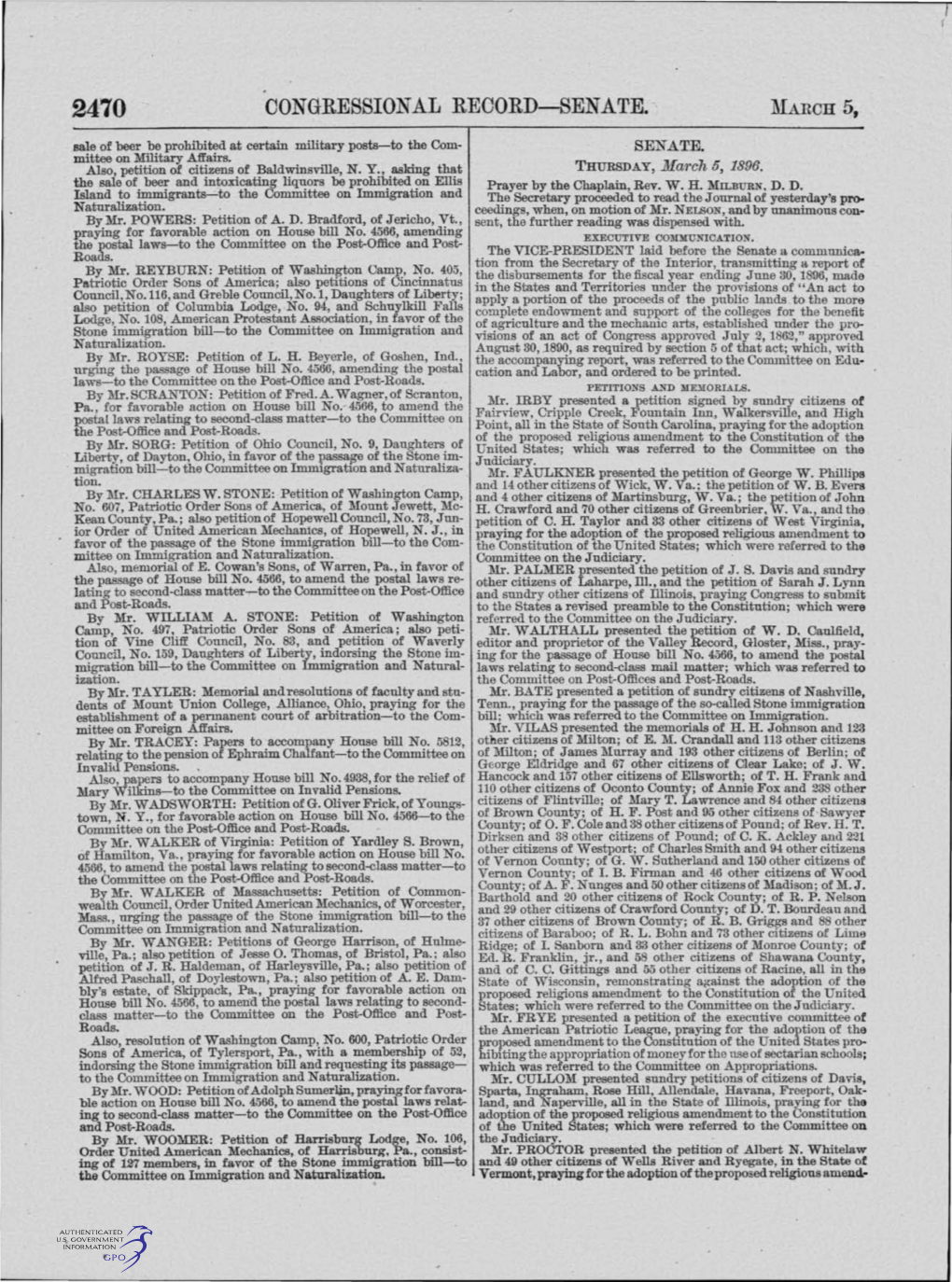 CONGRESSIONAL RECORD-SENATE. · MARCH 5, Sale of Beer Be Prohibited at Certain Milita1·Y Posts-To the Com­ SENATE