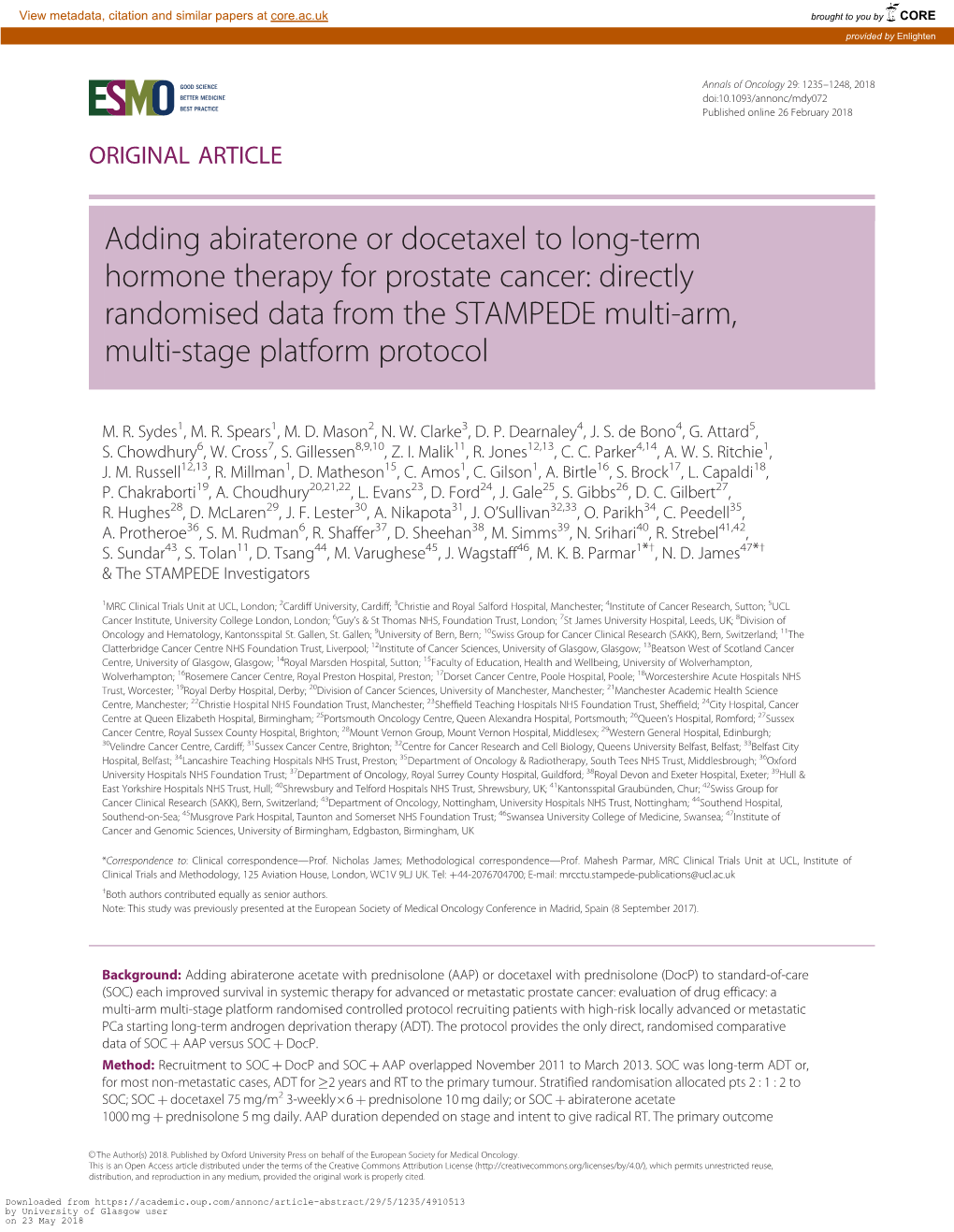 Adding Abiraterone Or Docetaxel to Long-Term Hormone Therapy for Prostate Cancer: Directly Randomised Data from the STAMPEDE Multi-Arm, Multi-Stage Platform Protocol