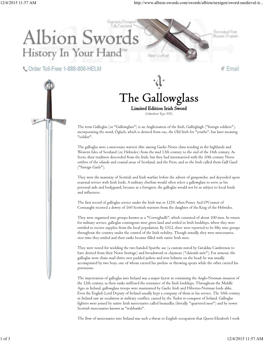 The Gallowglass Limited Edition Irish Sword (Oakeshott Type XIX)