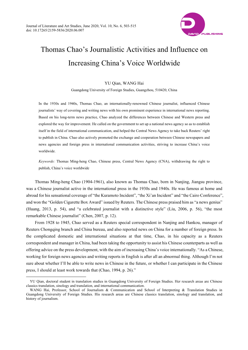 Thomas Chao's Journalistic Activities and Influence on Increasing China's