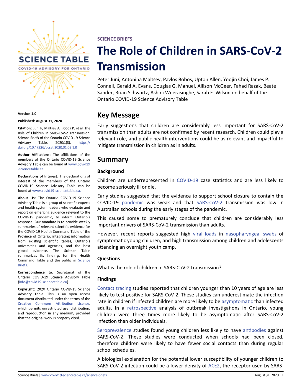 The Role of Children in SARS-Cov-2 Transmission Peter Jüni, Antonina Maltsev, Pavlos Bobos, Upton Allen, Yoojin Choi, James P