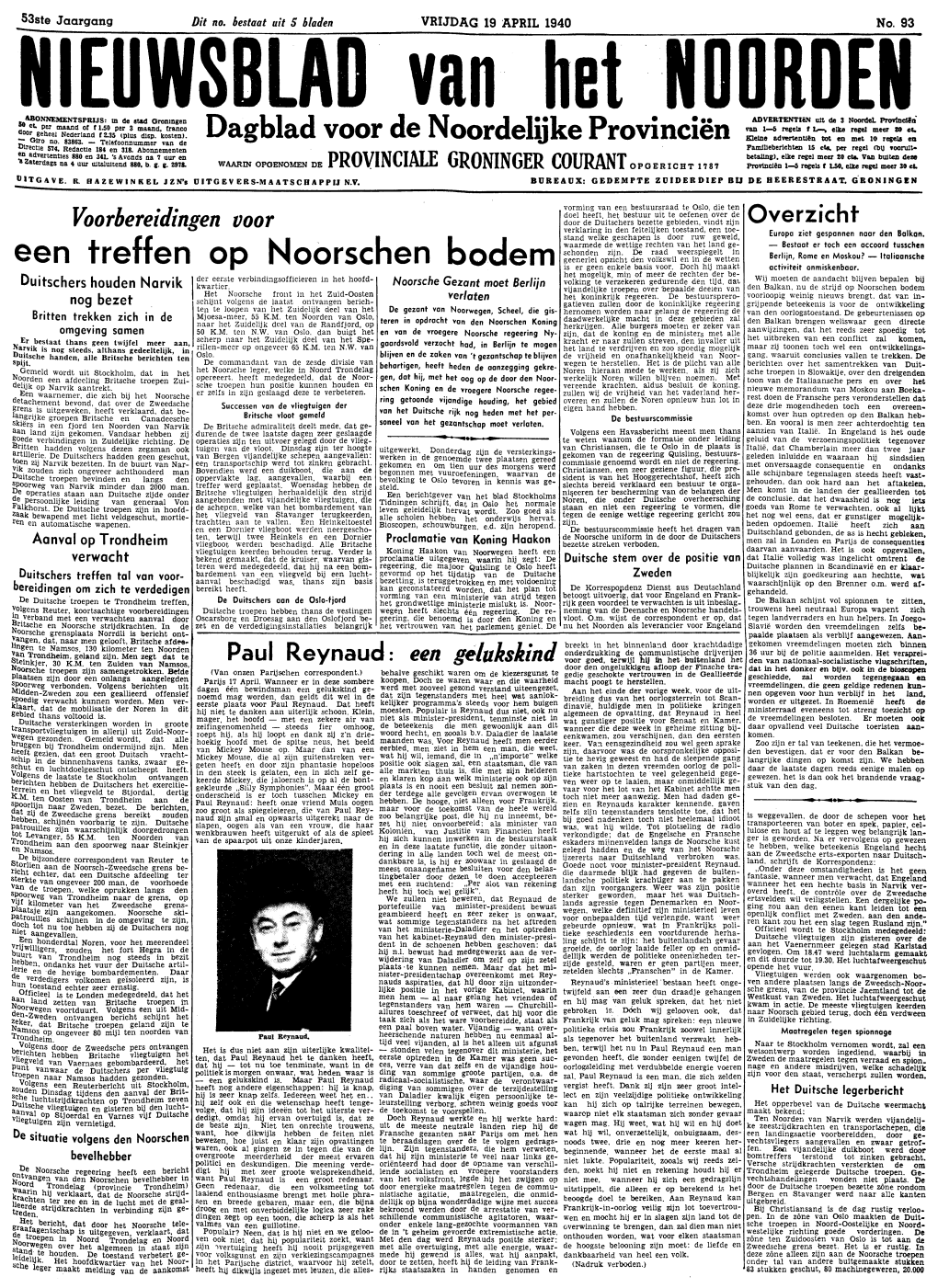 Nieuwsblad Van Het Noorden Van Vrijdag 19 April 1940 Eerste Blad