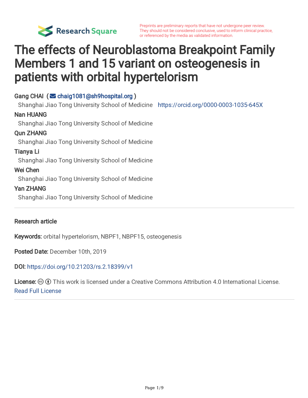 The Effects of Neuroblastoma Breakpoint Family Members 1 and 15 Variant on Osteogenesis in Patients with Orbital Hypertelorism