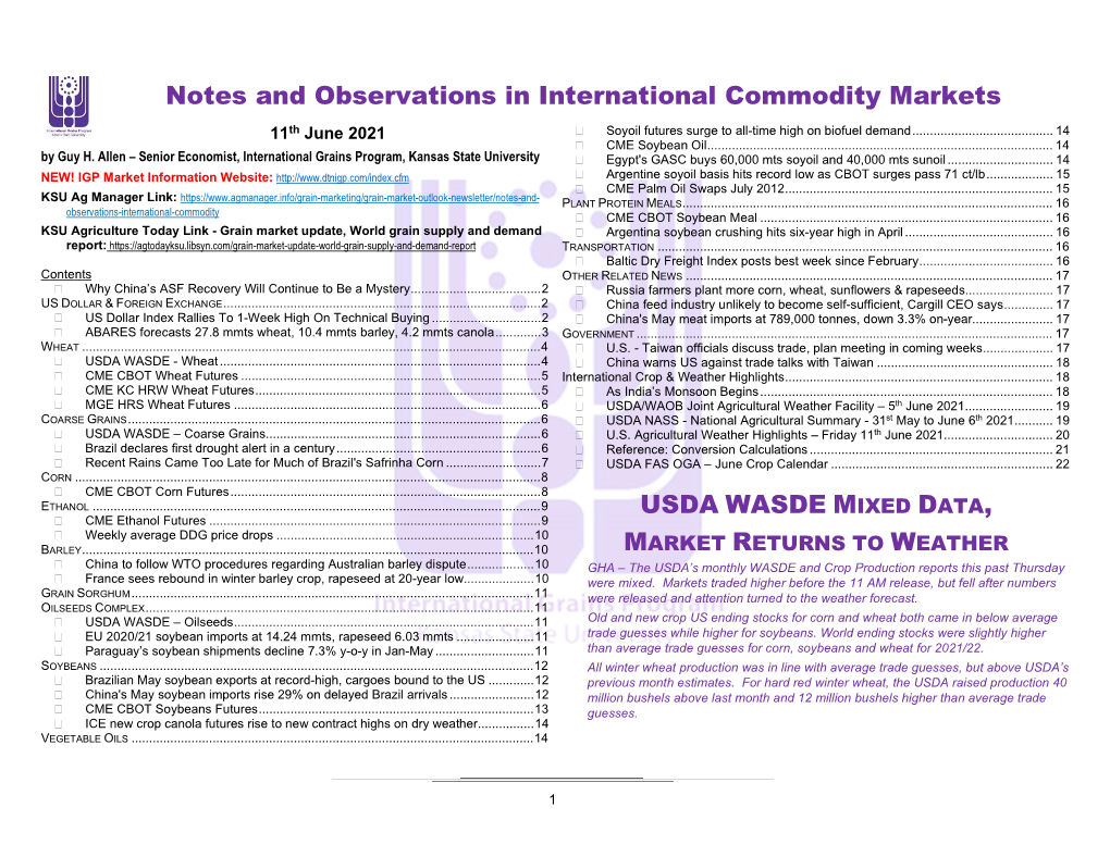 Notes and Observations in International Commodity Markets 11Th June 2021  Soyoil Futures Surge to All-Time High on Biofuel Demand