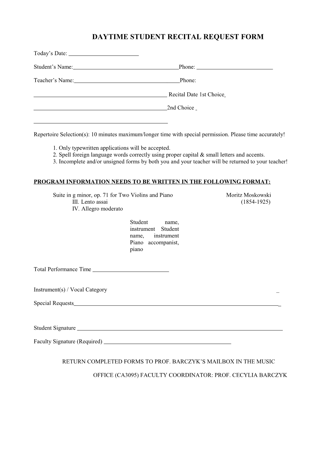 Daytime Student Recital Request Form