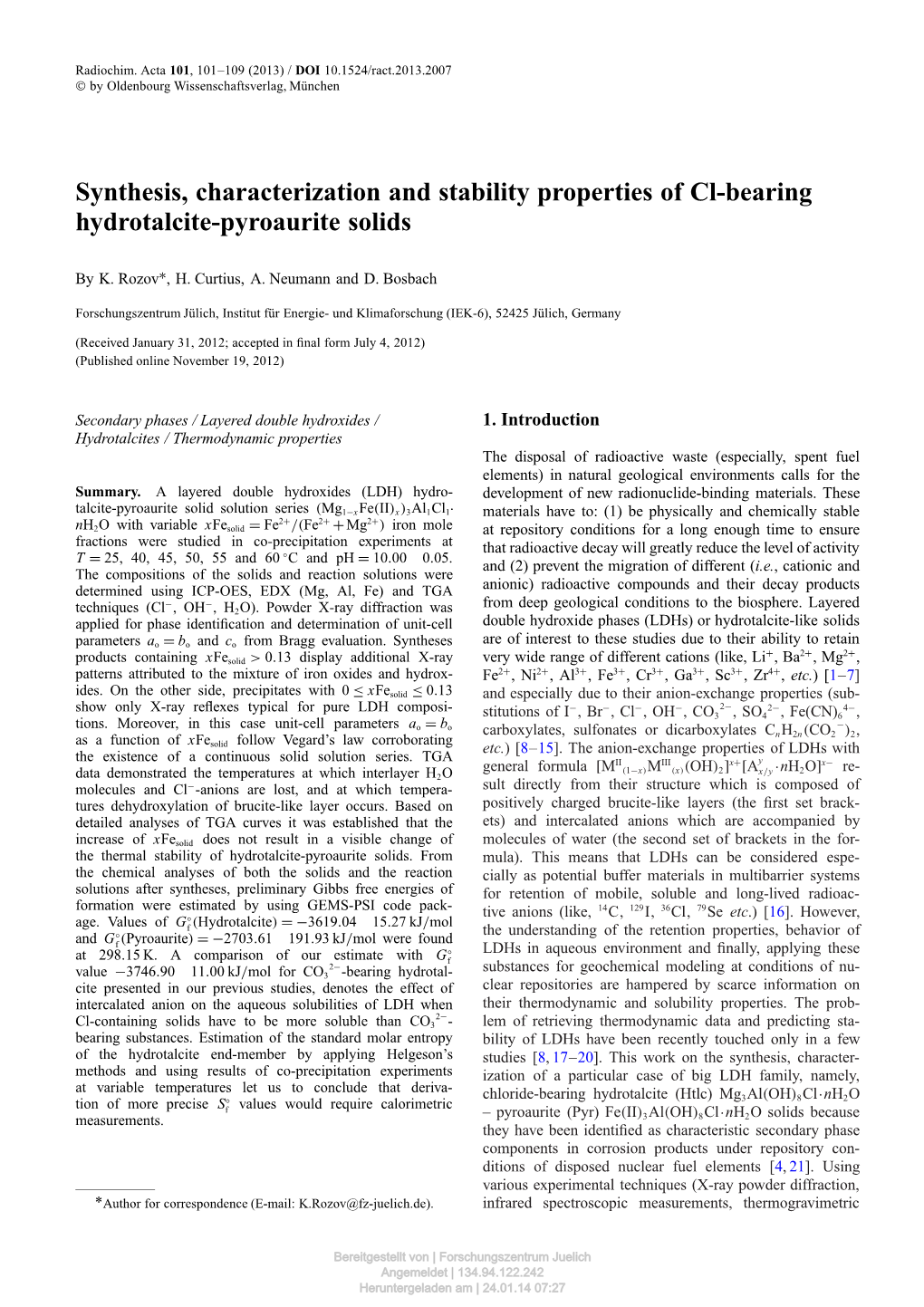 Synthesis, Characterization and Stability Properties of Cl-Bearing Hydrotalcite-Pyroaurite Solids