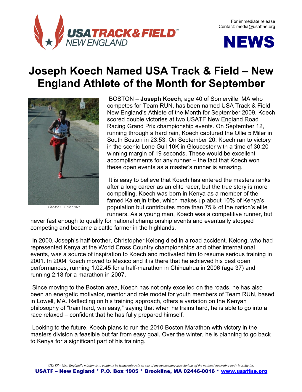 Joseph Koech Named USA Track & Field – New England Athlete of The