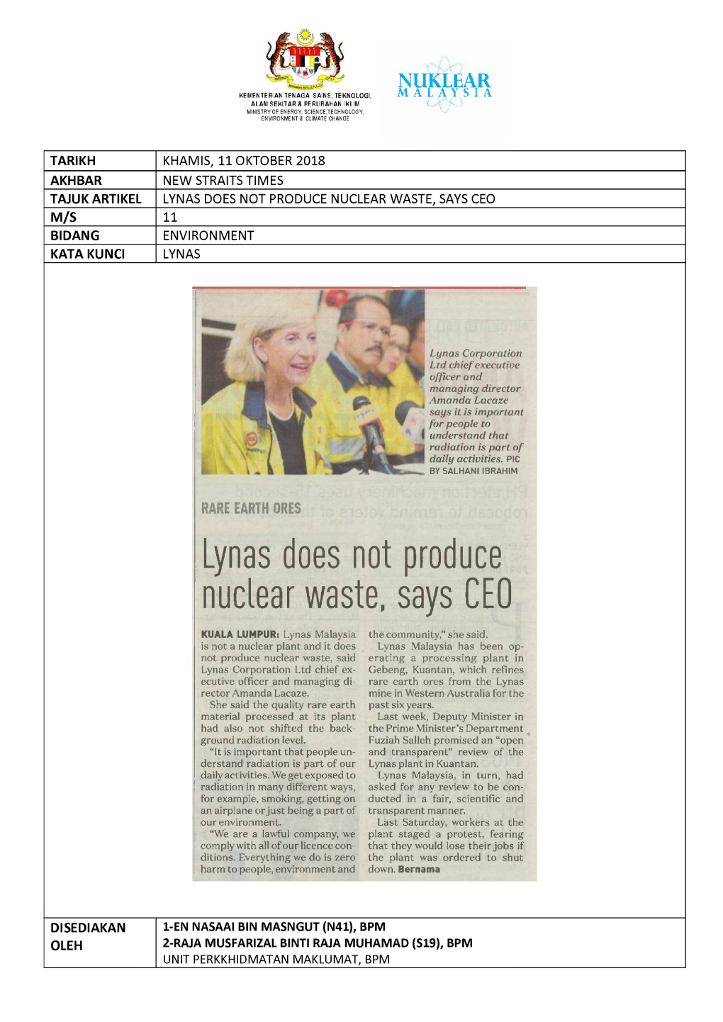 Nuclear Waste, Says Ceo M/S 11 Bidang Environment Kata Kunci Lynas