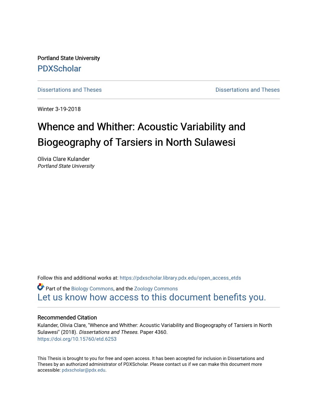 Acoustic Variability and Biogeography of Tarsiers in North Sulawesi