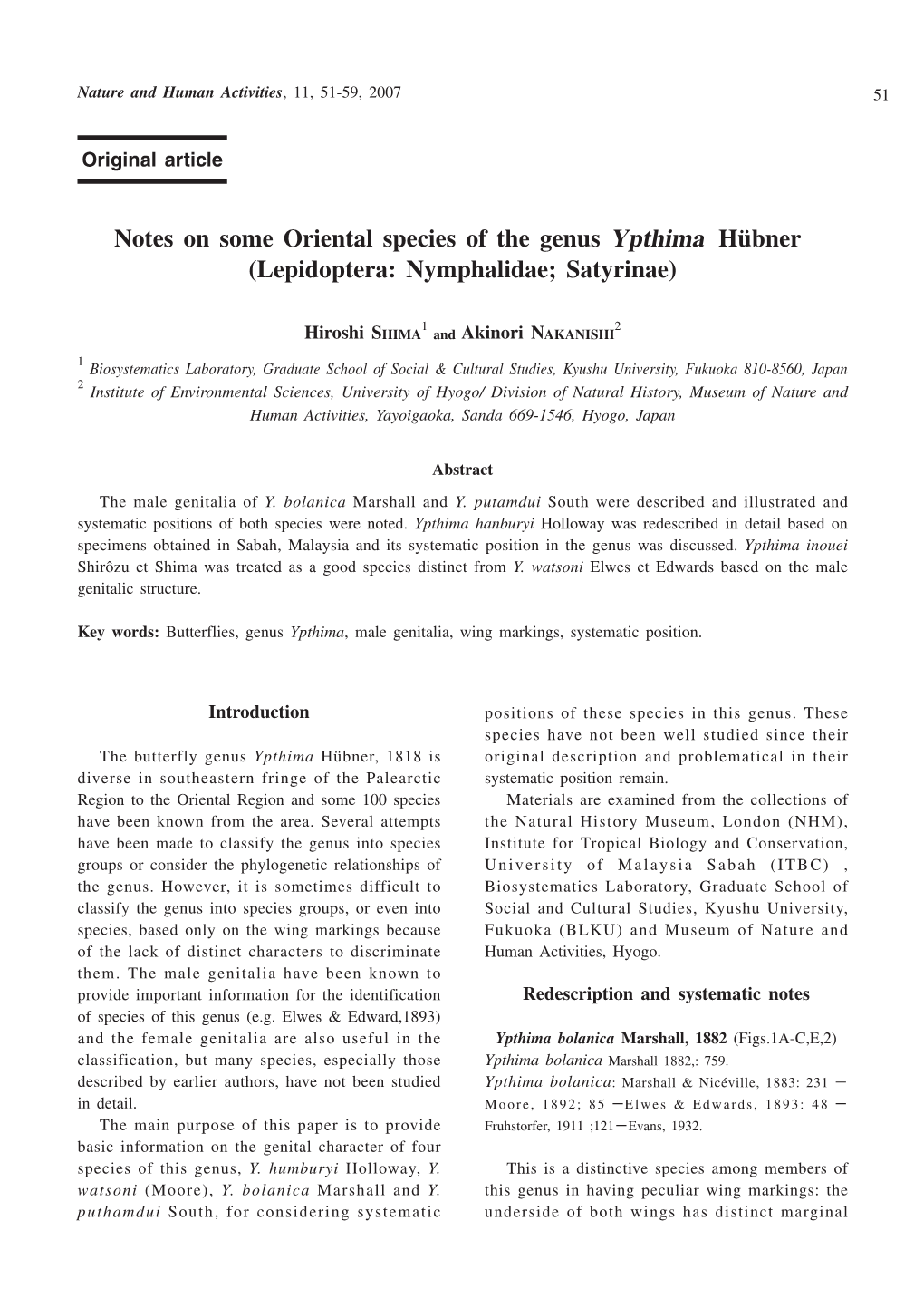 Notes on Some Oriental Species of the Genus Ypthima Hübner (Lepidoptera: Nymphalidae; Satyrinae)