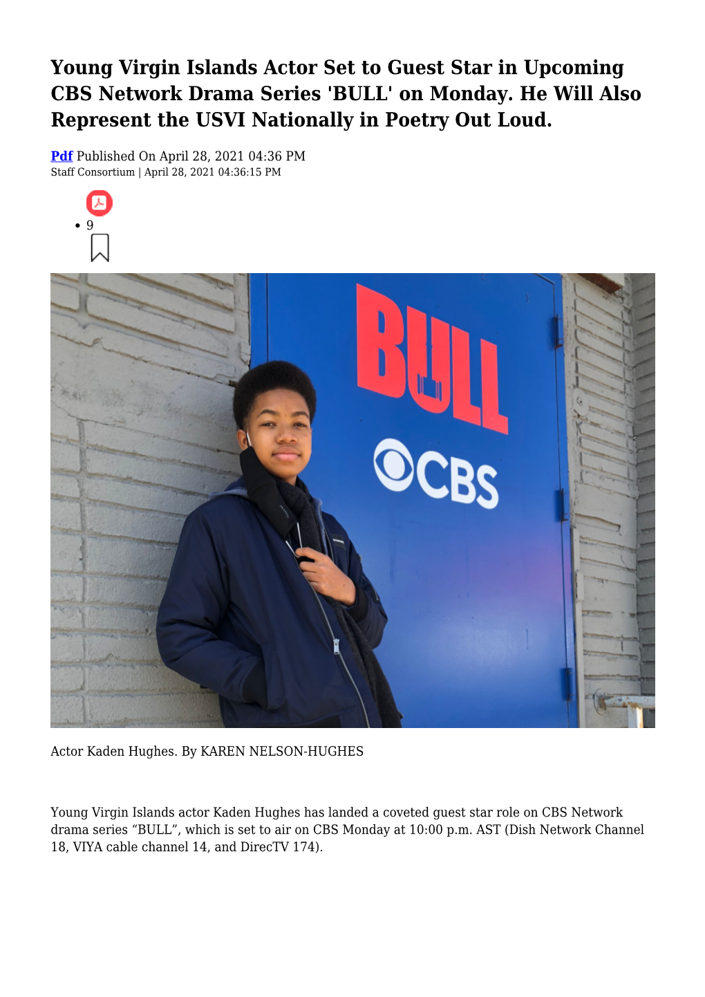 Young Virgin Islands Actor Set to Guest Star in Upcoming CBS Network Drama Series 'BULL' on Monday