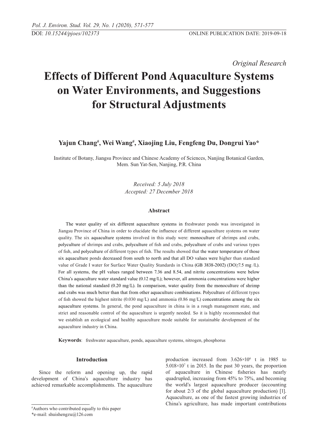Effects of Different Pond Aquaculture Systems on Water Environments, and Suggestions for Structural Adjustments