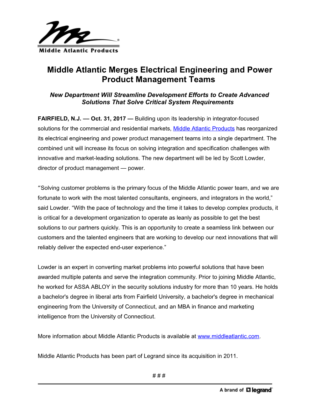 Middle Atlantic Merges Electrical Engineering and Power Product Management Teams