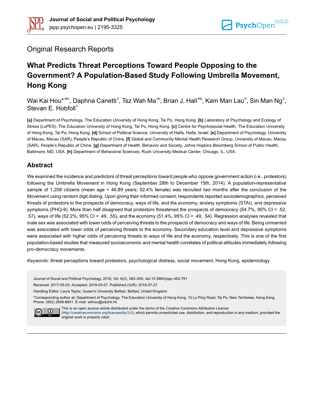 What Predicts Threat Perceptions Toward People Opposing to the Government? a Population-Based Study Following Umbrella Movement, Hong Kong