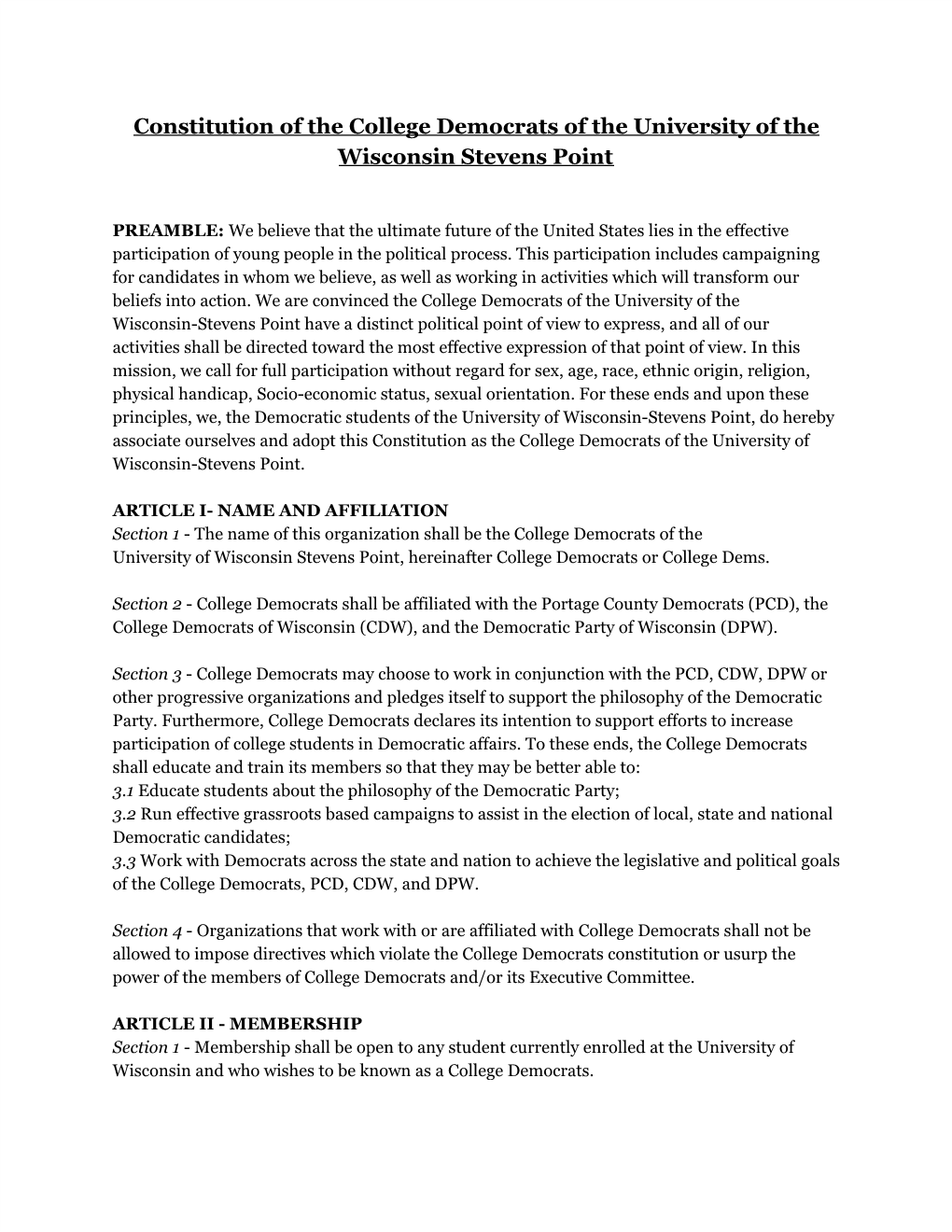 Constitution of the College Democrats of the University of the Wisconsin Stevens Point