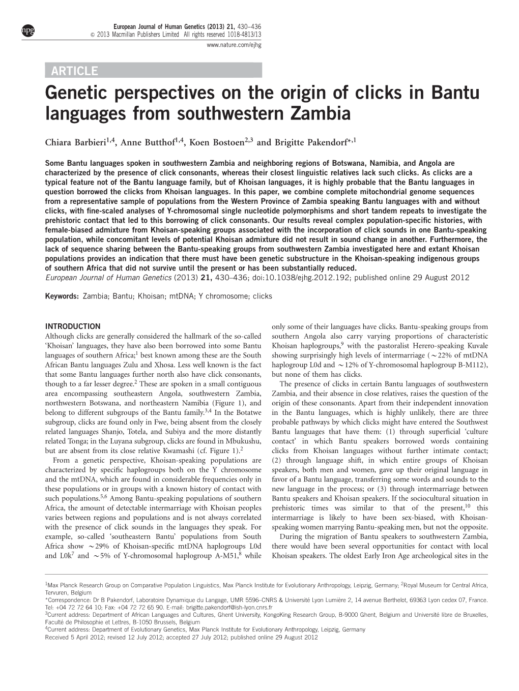 Genetic Perspectives on the Origin of Clicks in Bantu Languages from Southwestern Zambia