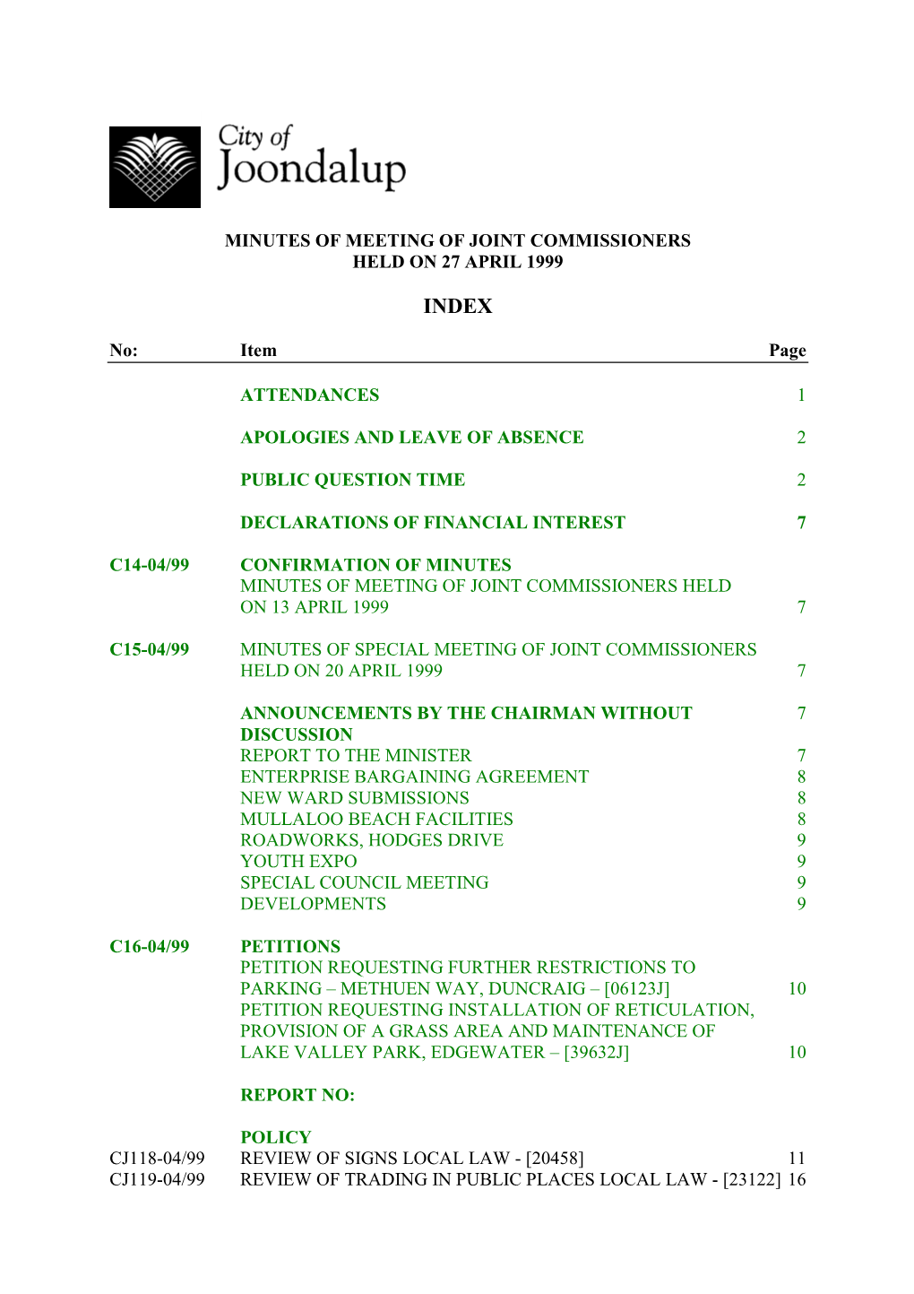 Minutes of Meeting of Joint Commissioners Held on 27 April 1999