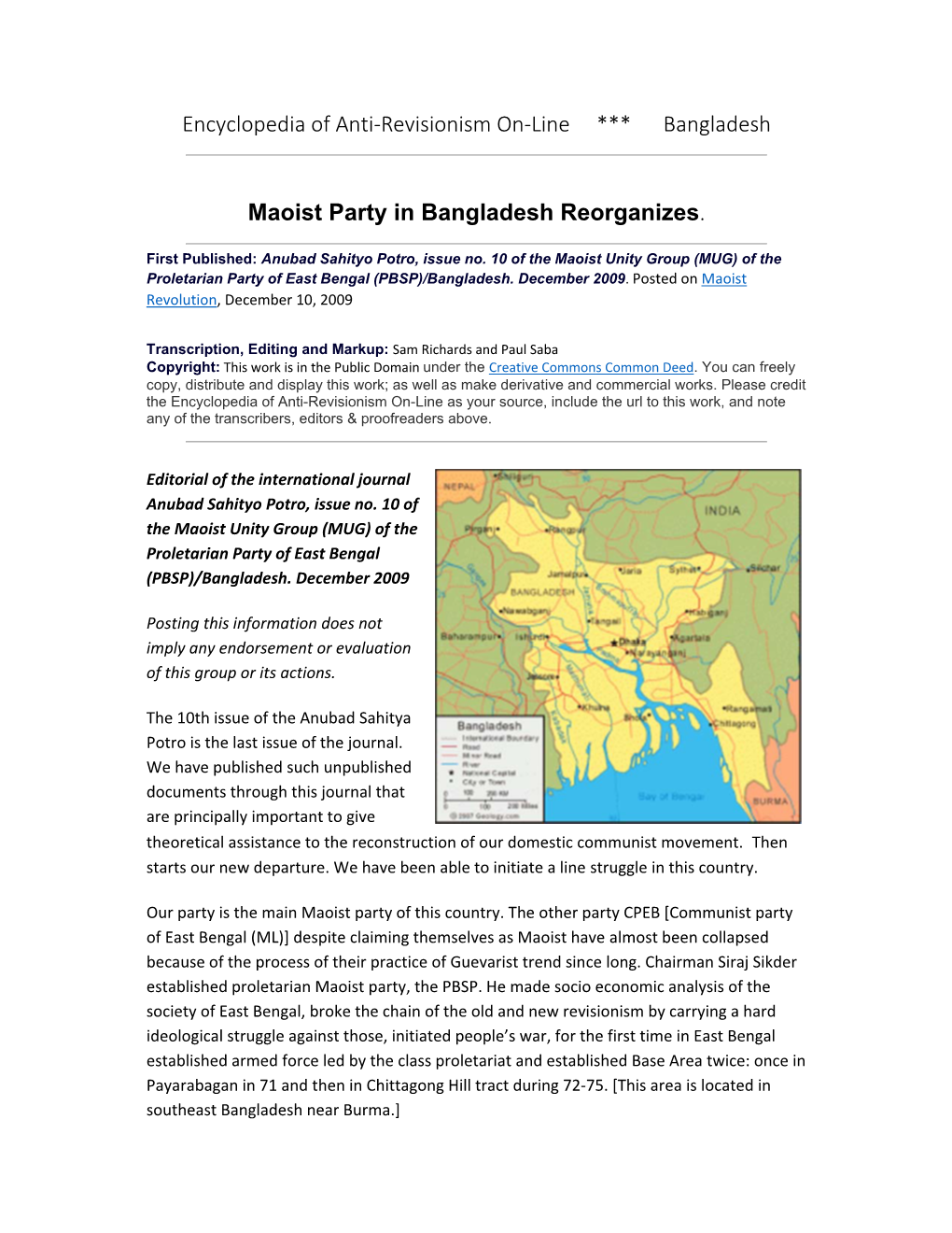 Encyclopedia of Anti‐Revisionism On‐Line *** Bangladesh Maoist Party
