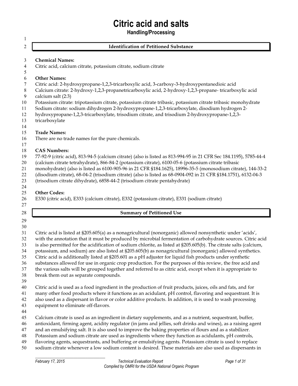 Citric Acid and Salts Handling/Processing 1 2 Identification of Petitioned Substance